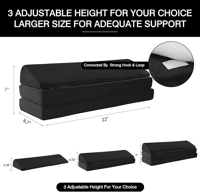 BALAPET 3-in-1 Adjustable Height Wedge Pillow, 7" Height Leg Knee Pillow for Side Sleepers & Aligns Spine, Supportive Bolster Pillow for Pregnancy Relieves Pressure Hip Leg Elevation, 22", Black