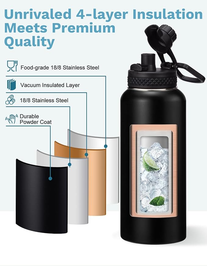 32oz Water Bottle with Straw - Spout Lid, Sweat-Proof Insulated Water Bottles 32 OZ, Wide Mouth Vacuum Insulated Water Bottle with Strap Carrier, Protective Boot & Paracord Handle Reusable Metal Flask