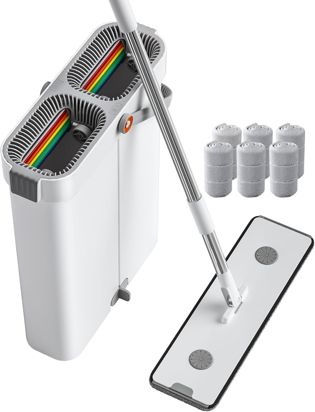 JOYBOS Mop and Bucket Set for Home Floor Cleaning, Hands Free Flat Mop, Stainless-Steel Handle, 6 Washable & Reusable Microfiber Pads