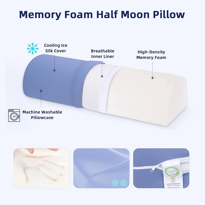 Half Moon Bolster Pillow - Memory Foam Bolster Pillow for Legs, Knee, Foot, and Neck - Leg Pillow for Back Sleeping - Knee Bolster for Sleeping with Cooling Pillowcase (Misty Blue)