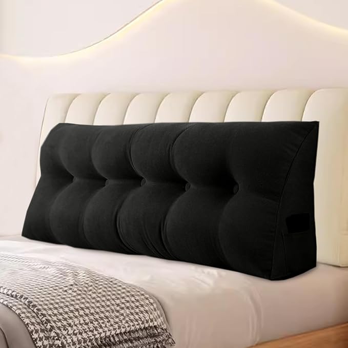 Large Triangular Headboard Pillows Long Backrest Positioning Support Bolster Cushion for Daybed Fluffy Quality Plush Body Wedge Pillow with Removable Cover(Black-Queen-59x8x20in)