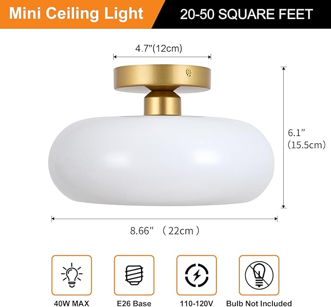 Mid-Century Modern Gold Semi Flush Mount Ceiling Light, Kitchen Ceiling Light Fixture with Glass Shade, Vintage White Close to Ceiling Lamp for Entryway Hallway Bathroom (8.66 Inch)