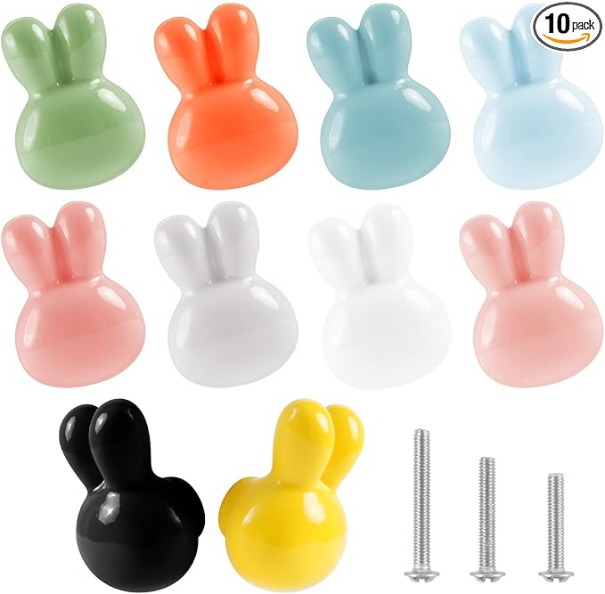 10x Colorful Cute Glossy Ceramic Knobs Bunny Rabbit Shape Lovely Door Pull Knob Cabinet Closet Ceramic Drawer Cupboard Kitchen Dresser Kids Child Bedroom Pulls Wardrobe Handles