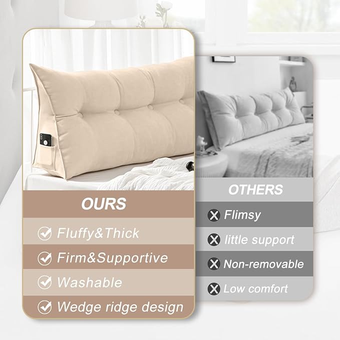 Large Triangular Headboard Pillows Long Backrest Positioning Support Bolster Cushion for Daybed Fluffy Quality Plush Body Wedge Pillow with Removable Cover(Beige-King-76x8x20in)