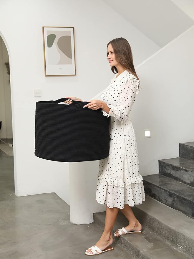 24" x 24" x 17" Max Size Large Cotton Rope Basket, Extra Large Storage Basket, Woven Laundry Hamper, Cloth Storage Bin, for Blankets Clothes Towels Pillows in Living Room, All Black