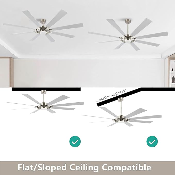 80" Ceiling Fan with Lights and Remote Control, Wood 8 Blades 6-Speed Noiseless Reversible DC Motor, 3 Downrods, Modern Large Ceiling Fan for Bedroom Dining Living Room, Nickel Finish+Silver