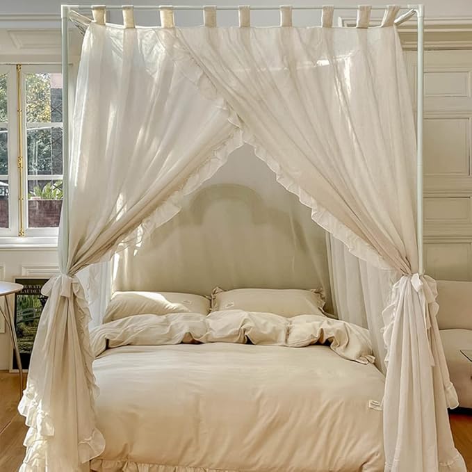 Elegant Modern Linen Princess 4 Corner Post Mosquito Net Romantic for Girls Women Bed Curtain Canopy for Adult Wedding Bedroom Kids Rooms Decoration (White-Beige, Full)