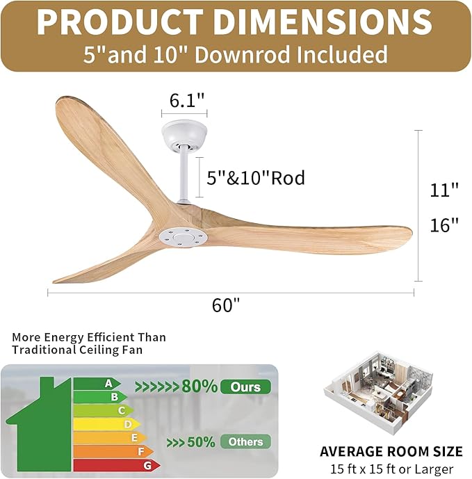 Bigzone 60" Modern Ceiling Fan No Light, Energy Efficient DC Motor, 3 Balsa Wood Blades, Wood Ceiling Fan With Remote Control,Reversible Blades