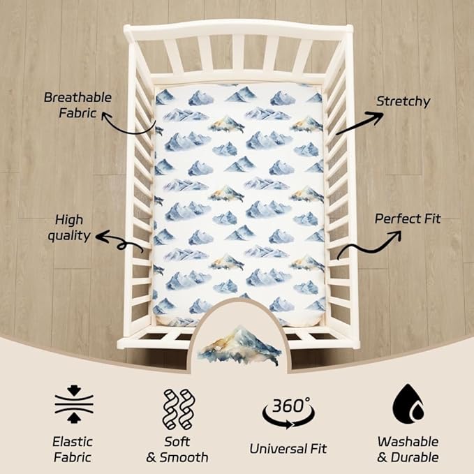 4 Pack Fitted Pack N Play Sheets for Baby Boys Neutral Unisex Breathable Soft Toddler Mini Crib Sheets for Pack and Play Mattress (Mountain)