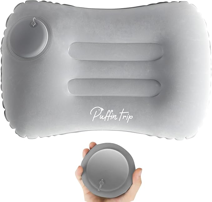 Ultralight Inflatable Travel Pillow Press to Inflate Compressible Ergonomic Neck and Lumbar Support While Camping Driving Sleeping Grey