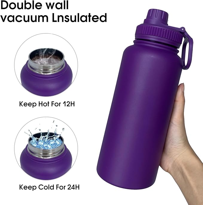 32oz Insulated Water Bottle ，Stainless Steel Sports Water Cup Flask with 2 Lids, Wide Mouth Travel Thermal Mug,Outdoor Sports Bottle（Purple）