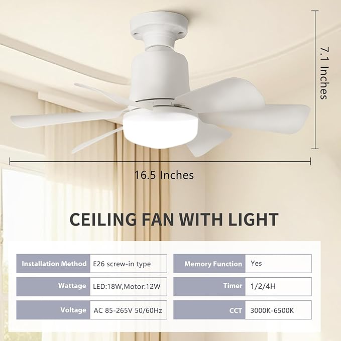 Socket Fan Light with Remote, 3 Color Ceiling Fans with Lights, Dimmable Small Led Ceiling Fan with E26 Base, 1000 Lumens Screw in Ceiling Fan Light for Bedroom, Kitchen, Living Room