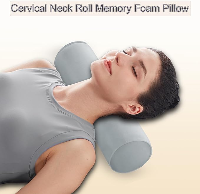 Round Cervical Roll Cylinder Bolster Pillow, 4" x 17" Orthopedic Cervical Roll Memory Foam Ergonomically Pillow forBed， Car, Office and Home Use，with Washable Cover (Grey)