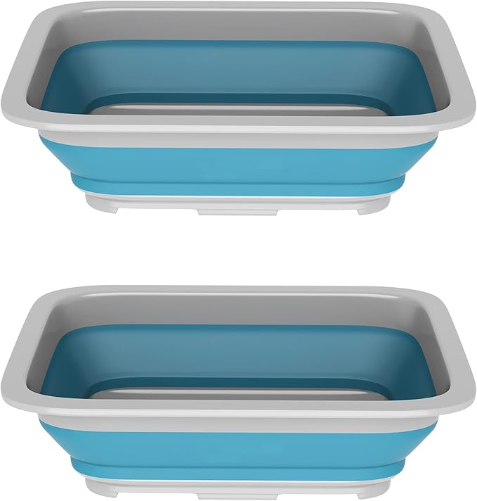 Set of 2 Multipurpose Wash Bins – 10-Liter Basins for Camping, Parties, or Cleaning – Collapsible Bucket Set by Wakeman (Blue)