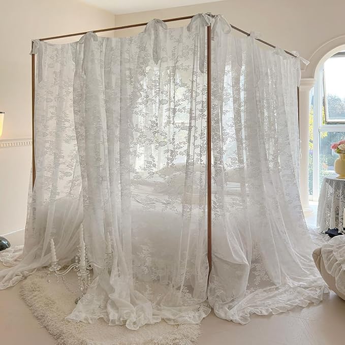 Elegant Lace Princess 4 Corner Post Mosquito Net Romantic for Girls Women Bed Curtain Canopy for Adult Wedding Bedroom Kids Rooms Decoration (Type3-Beige-White, King)