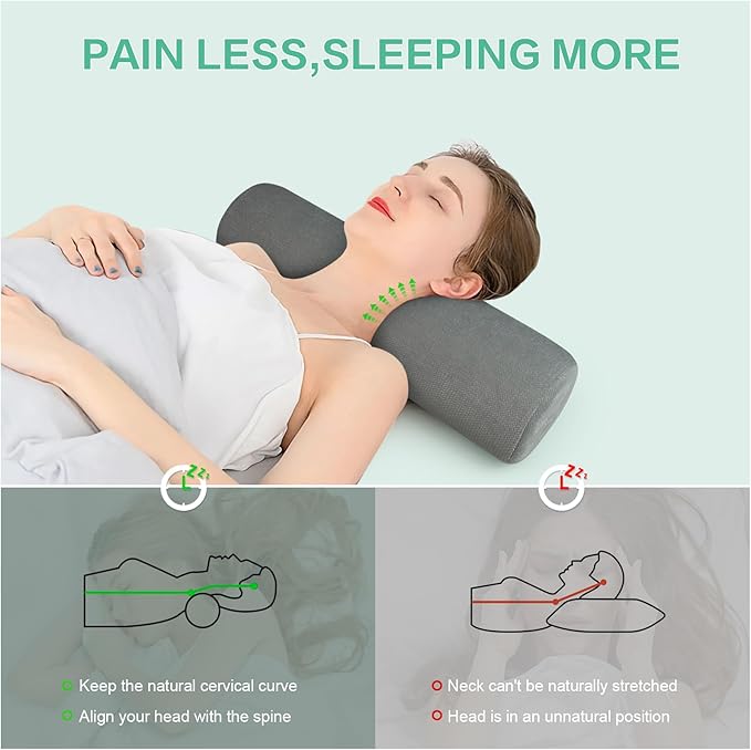 Cervical Neck Roll Foam Pillow, Round Neck Support for Sleeping, Bolster Pillow for Bed, Legs, Back and Yoga, Removable Washable Cover, 4.7 Inch Diameter x 17 Inches Long (Grey)