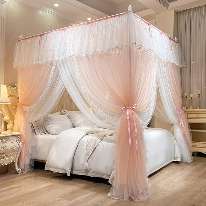 Mengersi Canopy Bed Curtains with Lights,4 Corner Bed Canopy Royal Luxurious Bed Drapes Netting,Princess Bed Curtains for Girls Adults Bedroom Decoration (Peach, Queen)
