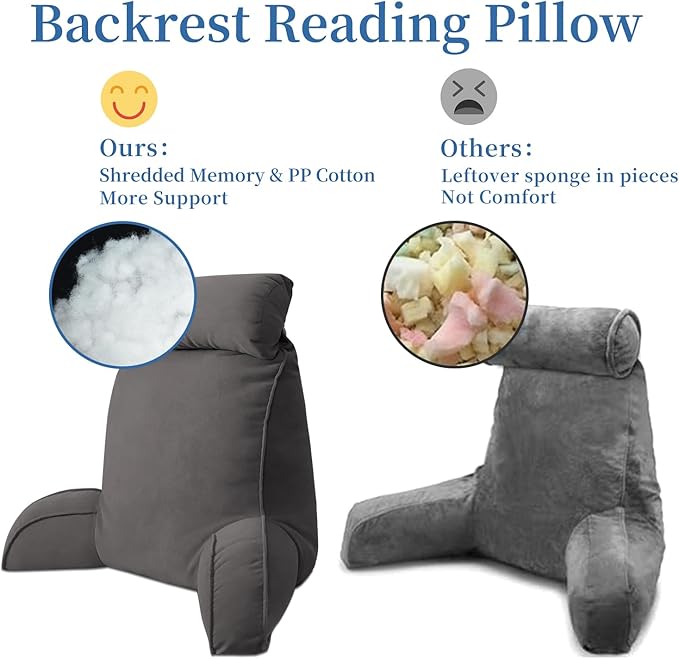 Reading Pillow for Bed Adult Size, Back Pillow for Sitting in Bed, Shredded Memory Foam Bed Chair Pillow with Arms, Pockets, Washable Cover (Dark Grey, Large)
