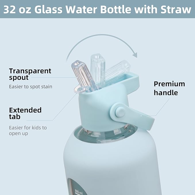32 oz Glass Water Bottles with Straw Borosilicate Glass Water Bottle with Time Marker Motivational Water Bottles with Silicone Sleeve Leak Proof Reusable BPA Free
