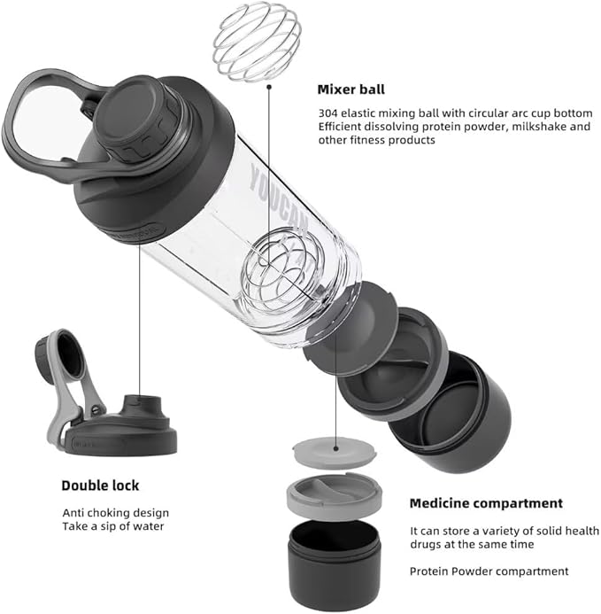 21oz Protein Shaker Bottle with Powder Storage Container-Shaker Cups for Protein Shakes-pre workout bottle-Mixer Cup-Gym Sport Water Bottle -Made with Tritan BPA Free,with Wire Whisk Balls (Black)