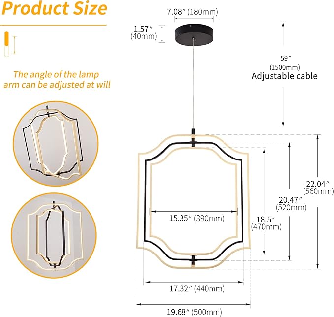 modern LED chandelier DIY creative chandelier adjustable hanging chandelier round ring 3 ring 3000K warm white light fixture for dining room bedroom kitchen island hall black gold (D = 19.7")