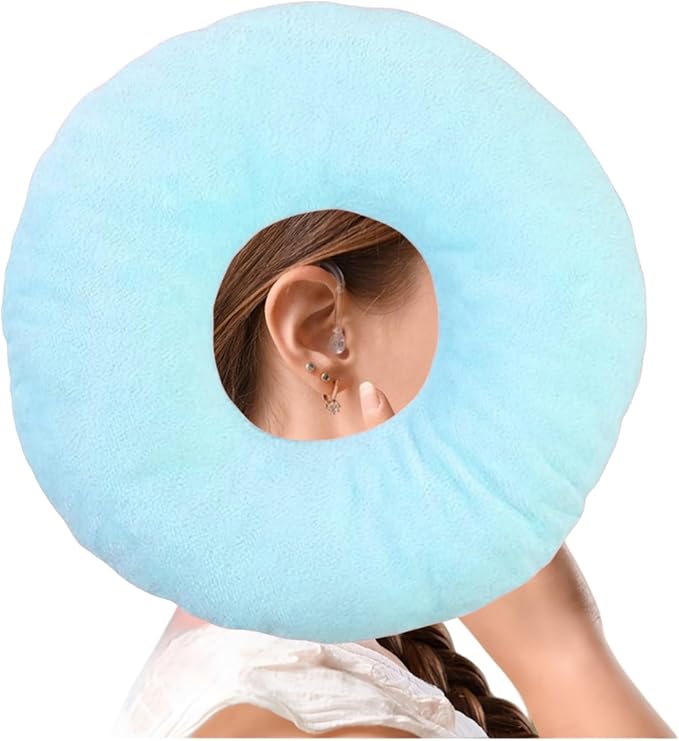 Donut Pillow, Ear Piercing Pillow for Side Sleepers, Face Down Pillow, Small Donut Pillow with Ear Hole, Ear Relief for Ear Pressure and Pain, Ideal for Headphones (Blue)