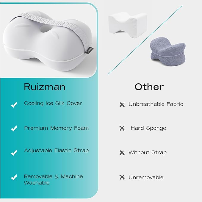 Cooling Leg Pillow for Side Sleeping - Pregnancy Knee Pillow with Strap - Memory Foam Knee Pillow for Side Sleepers Hip Pain Relief & Spine Alignment (Light Grey)