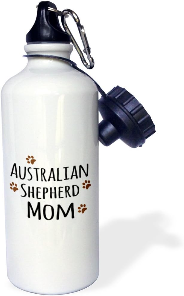 3dRose "Australian Shepherd Dog Mom-Doggie by breed muddy brown paw prints doggy lover love pet owner mama" Sports Water Bottle, 21 oz, White