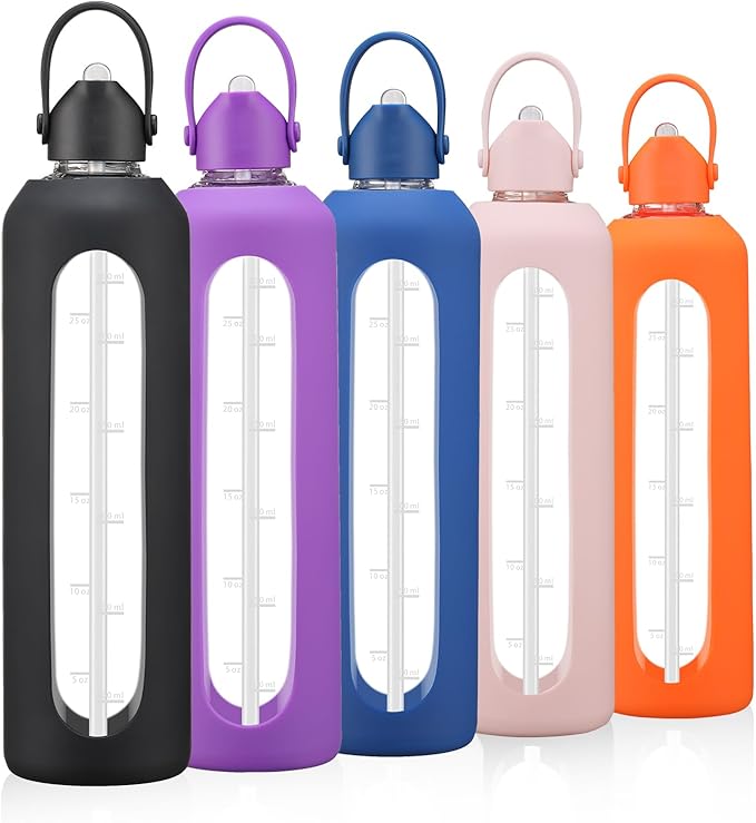 32 oz Glass Water Bottles with Straw Borosilicate Glass Water Bottle with Time Marker Motivational Water Bottles with Silicone Sleeve Leak Proof Reusable BPA Free