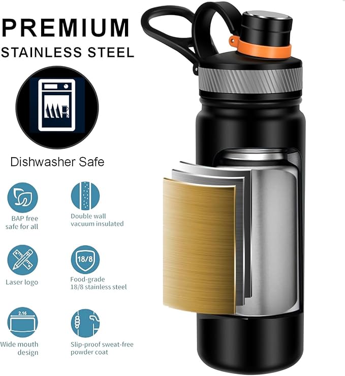 22 oz Double Wall Vacuum Insulated Stainless Steel Water Bottle with Spout Lid BPA Free (BLACK, 22 OZ)