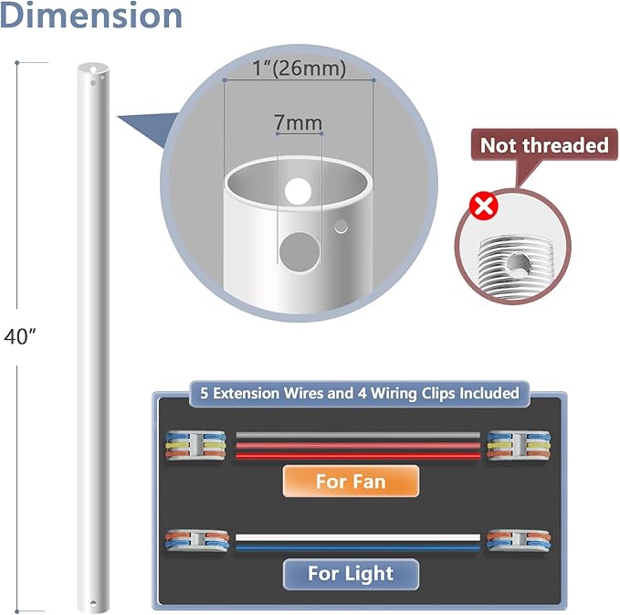 40" Ceiling Fan Downrod, 【1 Outside Diameter】 Matte White Extended Downrod, including 4 Wire Connectors and 5 Extension Wires (No Threads)