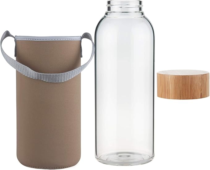 48 oz Sports Borosilicate Glass Water Bottle with Bamboo Lid with Neoprene Sleeve