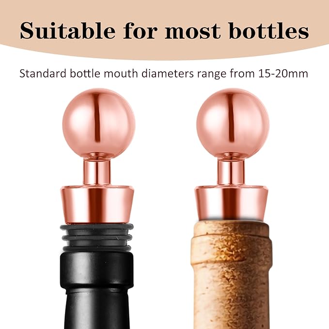 4 Pcs Rose Gold Wine Stoppers Cork Wine Bottle Stoppers for Beverage, Reusable Silicone Vacuum Wine Bottle Corks Stainless Steel Wine Stopper for Glass Bottles Party Wedding Bar