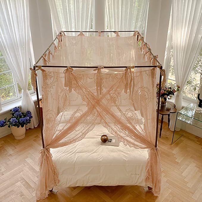 Elegant Lace Princess 4 Corner Post Mosquito Net Romantic for Girls Women Bed Curtain Canopy for Adult Wedding Bedroom Kids Rooms Decoration (Color-B, California King)