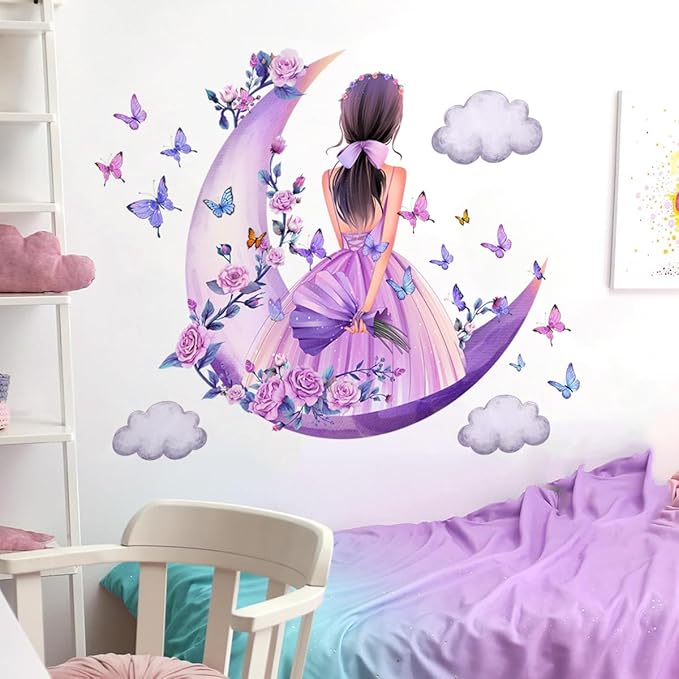 2 Sheets Princess Wall Decals Girls Room Purple Rose Floral Wall Stickers Removable Fariy Wall Decals Peel and Stick Butterfly Room Decor for Girls Bedroom Office Kids Nursery with Moon & Clouds