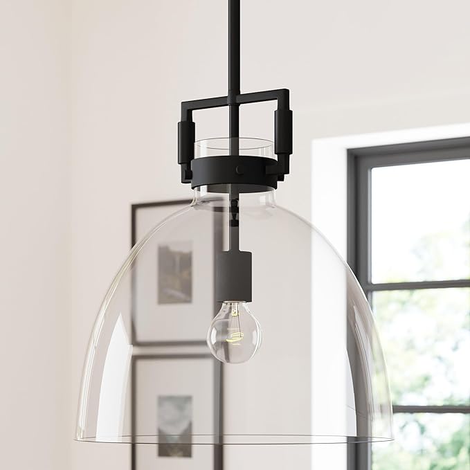 Nathan James Leigh Pendant Lighting, Black Hanging Ceiling Light with Oversized Glass Shade and Adjustable Cord, for Kitchen Island or Entryway, Matte Black/Clear