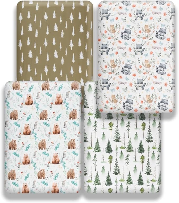 4 Pack Woodland Forest Animals Wood Neutral Unisex Fitted Baby Crib Sheets Set for Baby Boys or Girls (Cartoon Beer, 52 * 28)