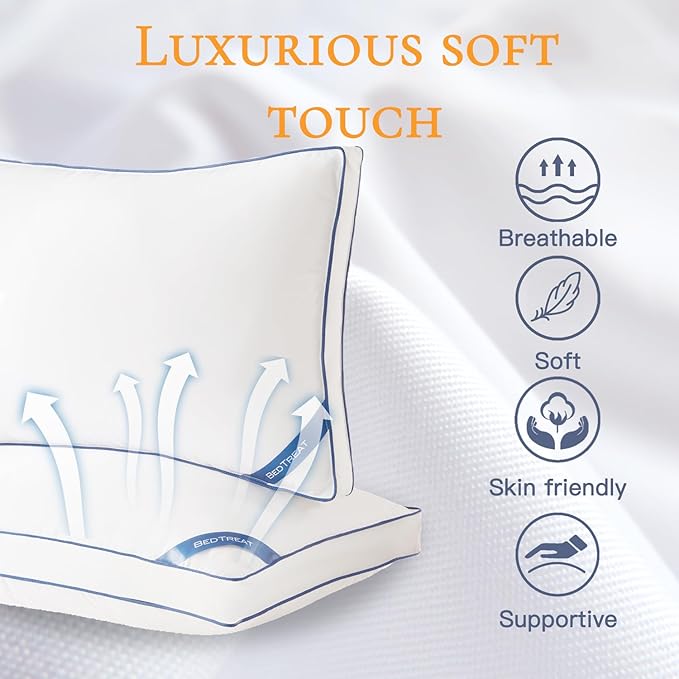 BedTreat White Goose Feather and Down Pillows Queen Size Set of 2,Luxury Hotel Collection Feather Pillows,Goose Feather & Down Filling,100% Organic Cotton Cover,Firm,Soft for Sleeping,Cooling(18X28)…