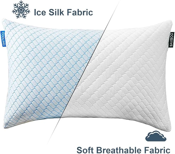 Uniqwamer Cooling Bed Pillows for Sleeping 2 Pack Shredded Memory Foam Adjustable Pillows Standard Size Set of 2 for Side Back Sleepers - Luxury Extra Comfy Gel Pillows with Washable Removable Cover