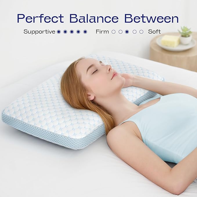 Memory Foam Soft Pillows for Sleeping - Cooling Bed Pillows for Hot Sleepers with Machine Washable Pillowcase - Ergonomic Memory Foam Pillow for Back Side Stomach Sleepers (Blue)
