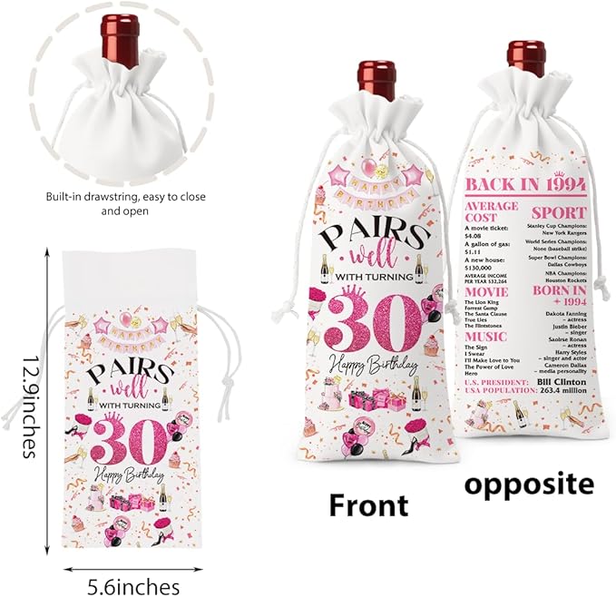 30th Birthday Gifts for Her Women Men Wine Bag, 30 Year Old Birthday Gifts for Women Men, Happy 30th Birthday Party Decorations for Her Him, Pairs Well with Turning 30 Wine Bags (White Pink)
