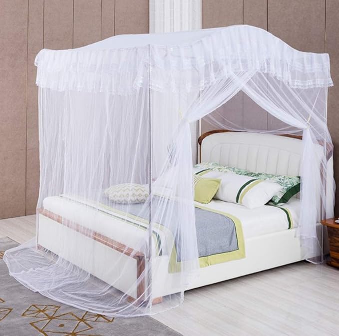Mengersi Arched 4 Corners Post Bed Curtain Canopy Net Square Princess Fly Screen, Indoor Outdoor (Queen, White)