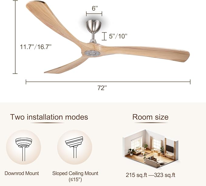 Ovlaim 72 Inch Smart Ceiling Fan No Light, DC Motor Large Wood Ceiling Fan without Light, 3 Blades Indoor Outdoor for Living Room Patio