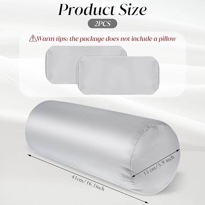 Prasacco 2 Packs Round Neck Pillow Covers, 16 x 5.9 Inch Neck Roll Pillow Case Bolster Pillow Cover with Hidden Zipper Silk Cylinder Pillow Covers Soft Bolster Pillowcases for Neck Roll Pillow