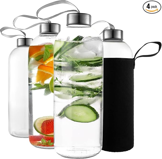 32 oz Glass Water Bottle Set of 4 - Reusable, Eco-Friendly, Airtight, Leak Proof Bottles for Travel