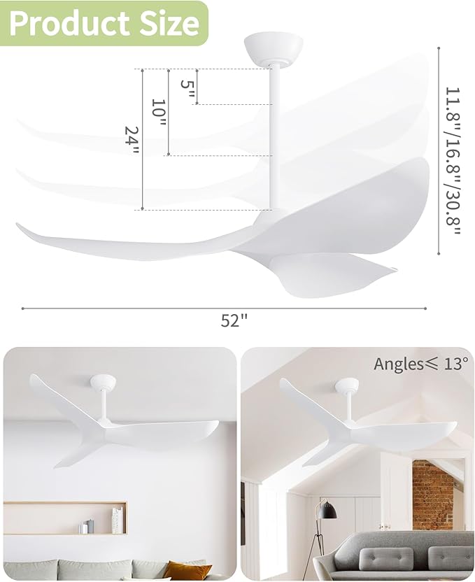 CACI Mall Ceiling Fans without Lights - 52-Inch Flush Mount Ceiling Fan with 6 Speeds, 3 Timer Remote, Quiet Reversible DC Motor, and 5"/10"/25" Replacement Downrods (White ABS Blades)