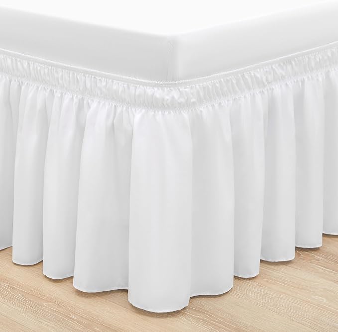 RIMELA White King Size Bed Skirt 12 Inch Drop, Elastic Bed Skirts Cal King Dust Ruffle, White Bedskirt for Adjustable Bed Base Solid Fade Resistant Silky Fabric Machine Washable Easy to Install
