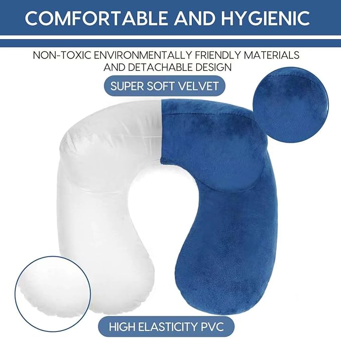 Inflatable Travel Pillow for Airplane Inflatable Neck Pillow for Traveling with Soft Velvet Washable Cover for Sleeping, Airplane,Train, Car, Office, Contoured Eye Masks, Earplugs