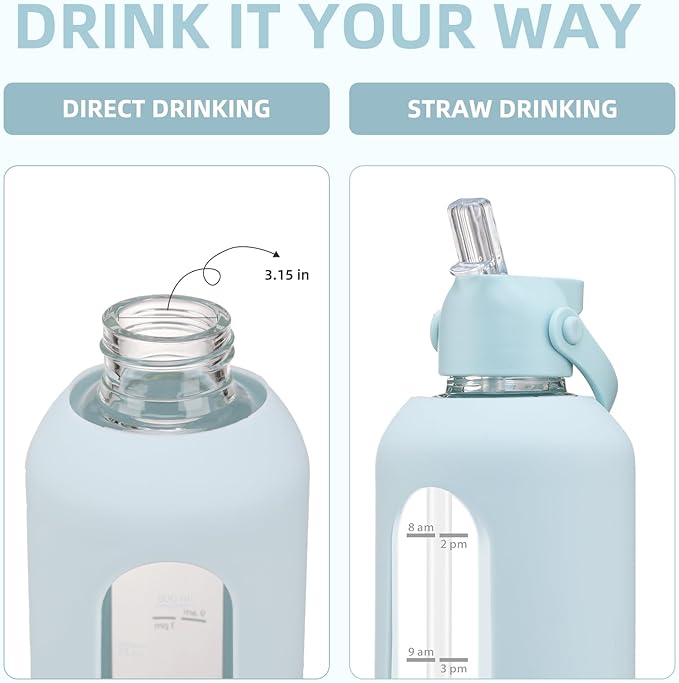 32 oz Glass Water Bottles with Straw Borosilicate Glass Water Bottle with Time Marker Motivational Water Bottles with Silicone Sleeve Leak Proof Reusable BPA Free