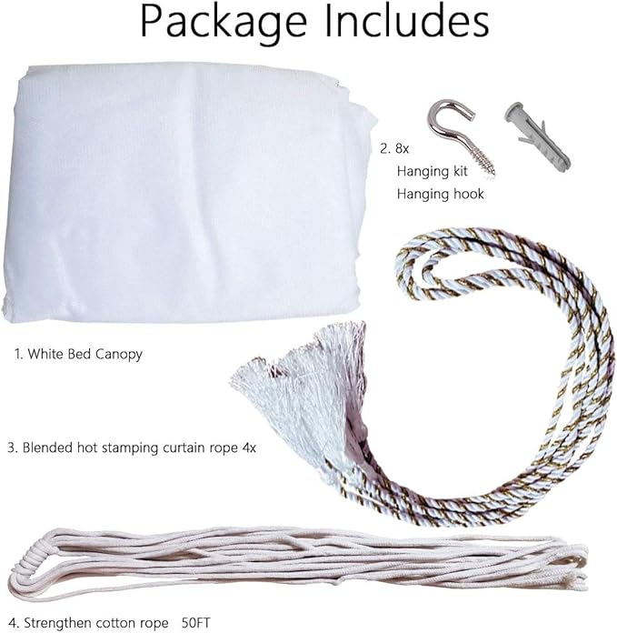 Comtelek Mosquito NET for Bed Canopy, Four Corner Post Curtains Bed Canopy Elegant Mosquito Net Set, Stick Hook &Profession Rope for net, Screen Netting Canopy Curtains, Full/Queen/King/White